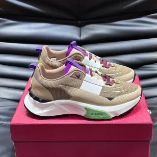 Valentino Beige Purple Sole Mixed-Material Upper Chunky Sneakers