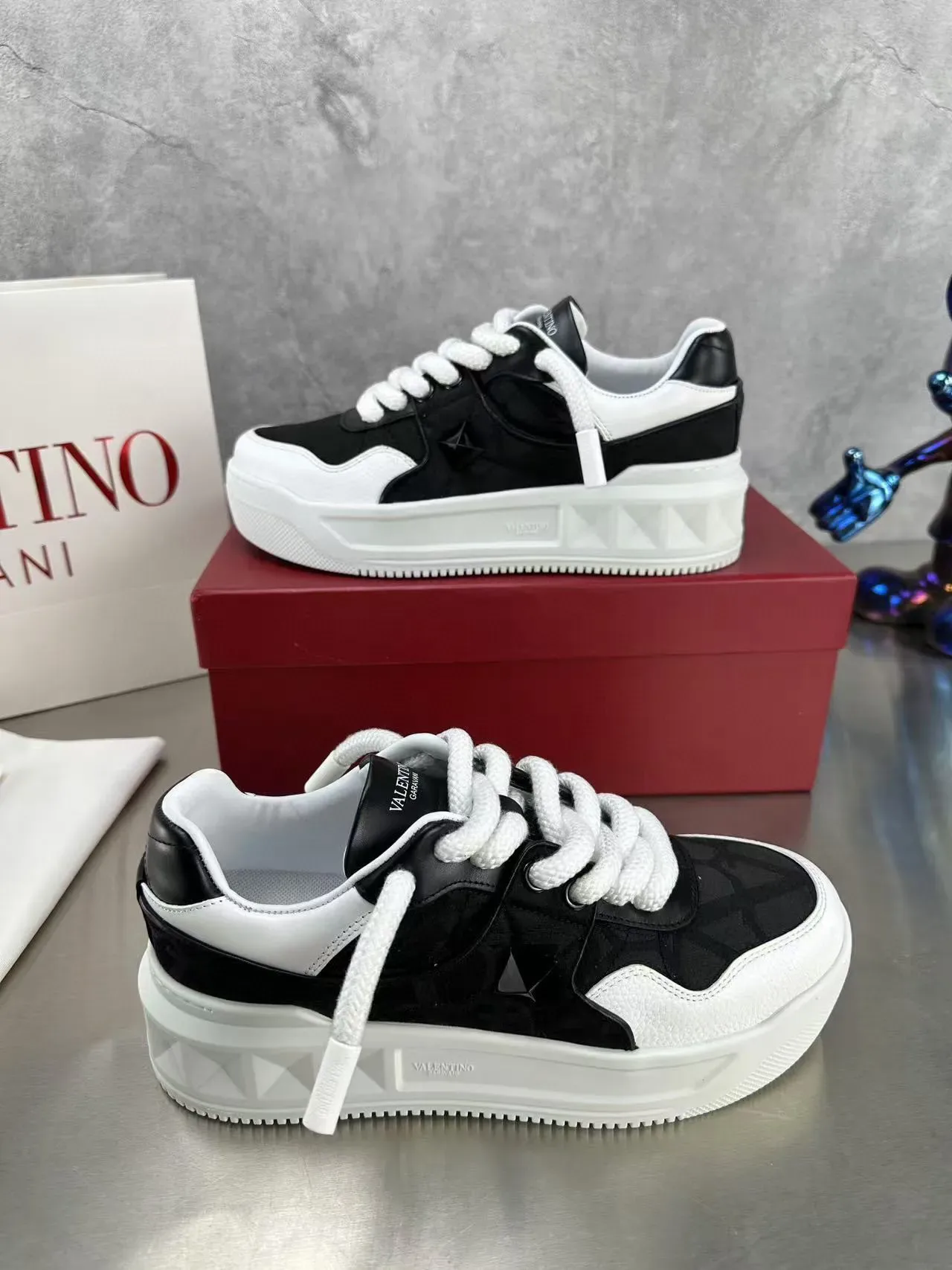 Valentino أسود أبيض كعب منصة سميكة تباين أسلوب حياة رياضي 6