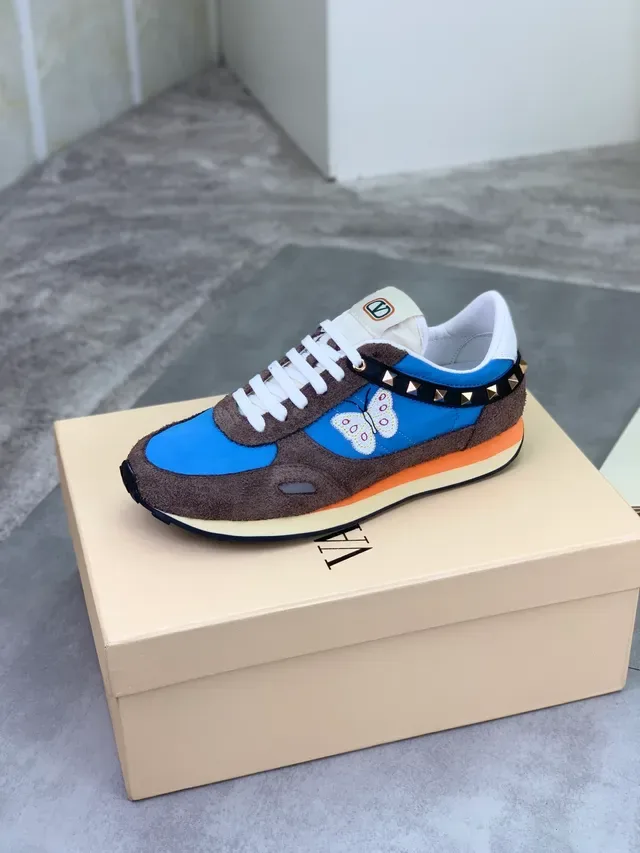 Valentino Rockstud Butterfly Brodees Bleu Marron Lifestyle Sneakers 4