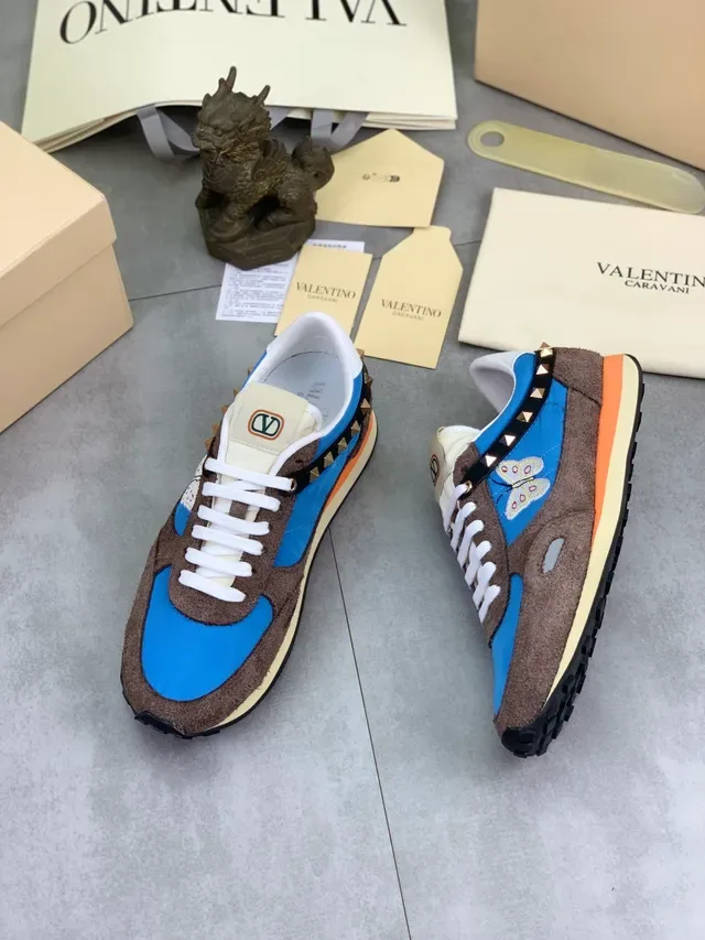 Valentino Rockstud Butterfly Brodees Bleu Marron Lifestyle Sneakers 5