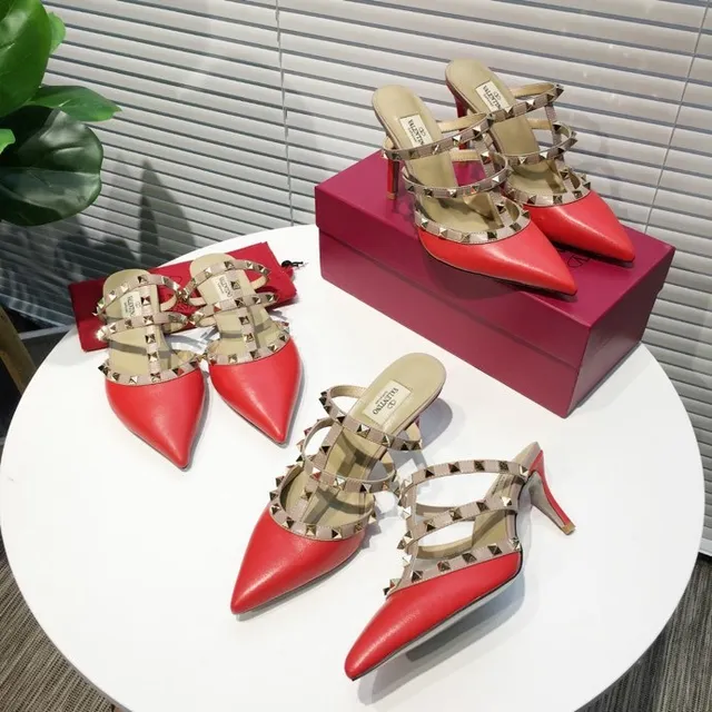 Valentino Rockstud Red Leather Studded Strap Stilettos 4