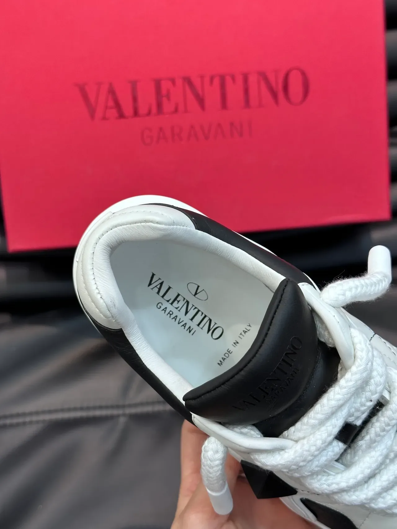 Valentino Rockstud White Black Two-Tone Leather Pyramid Hardware Chunky Sneakers 3