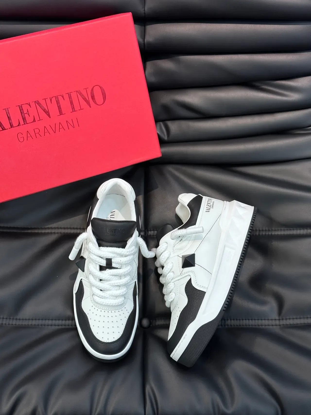 Valentino Rockstud White Black Two-Tone Leather Pyramid Hardware Chunky Sneakers 4