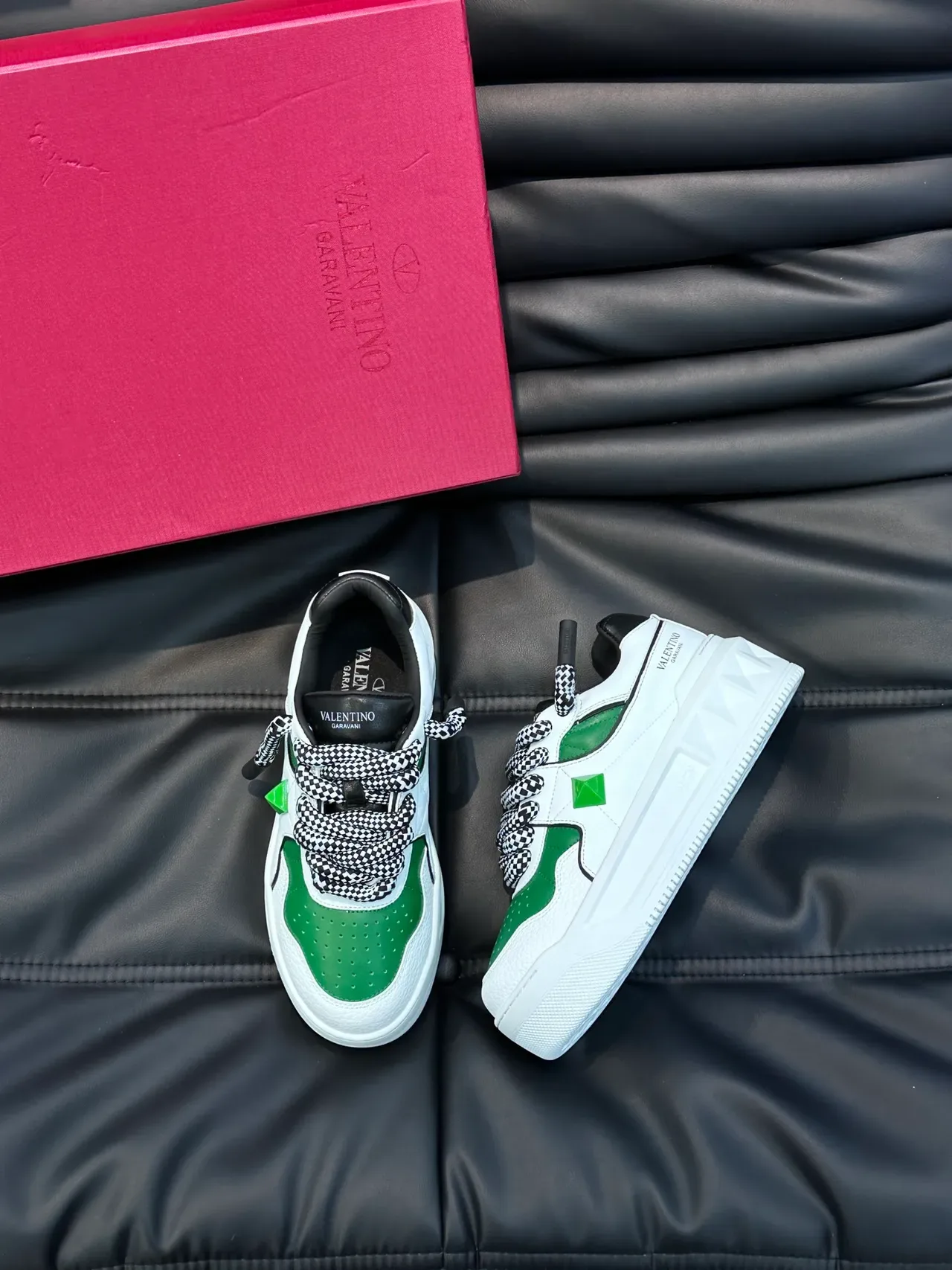 Valentino Rockstud White Green Chunky Platform Sole Checkerboard Rope Laces Lifestyle Sneakers 4
