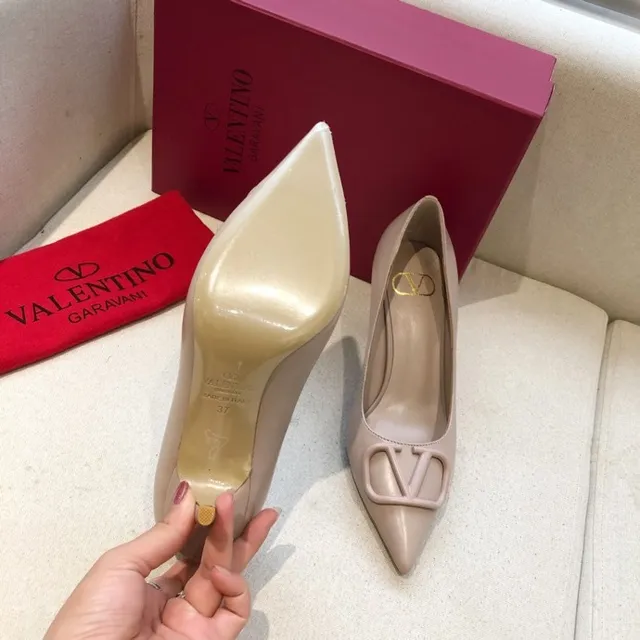 Valentino VLogo Beige Gold Pointed-Toe Stiletto Heel Pump 3