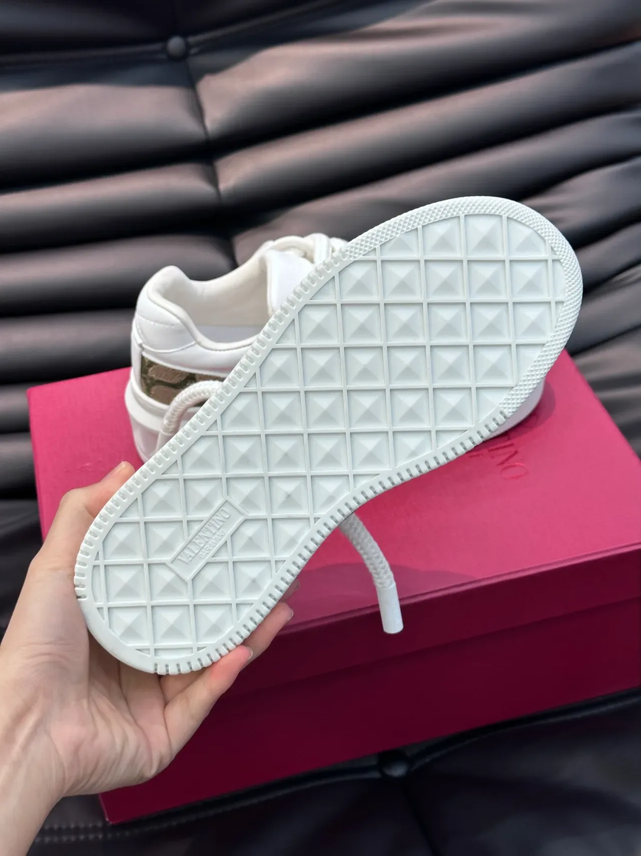 Valentino White Army Green Chunky Platform Sole Pyramid Stud Accent Lifestyle Sneakers 2