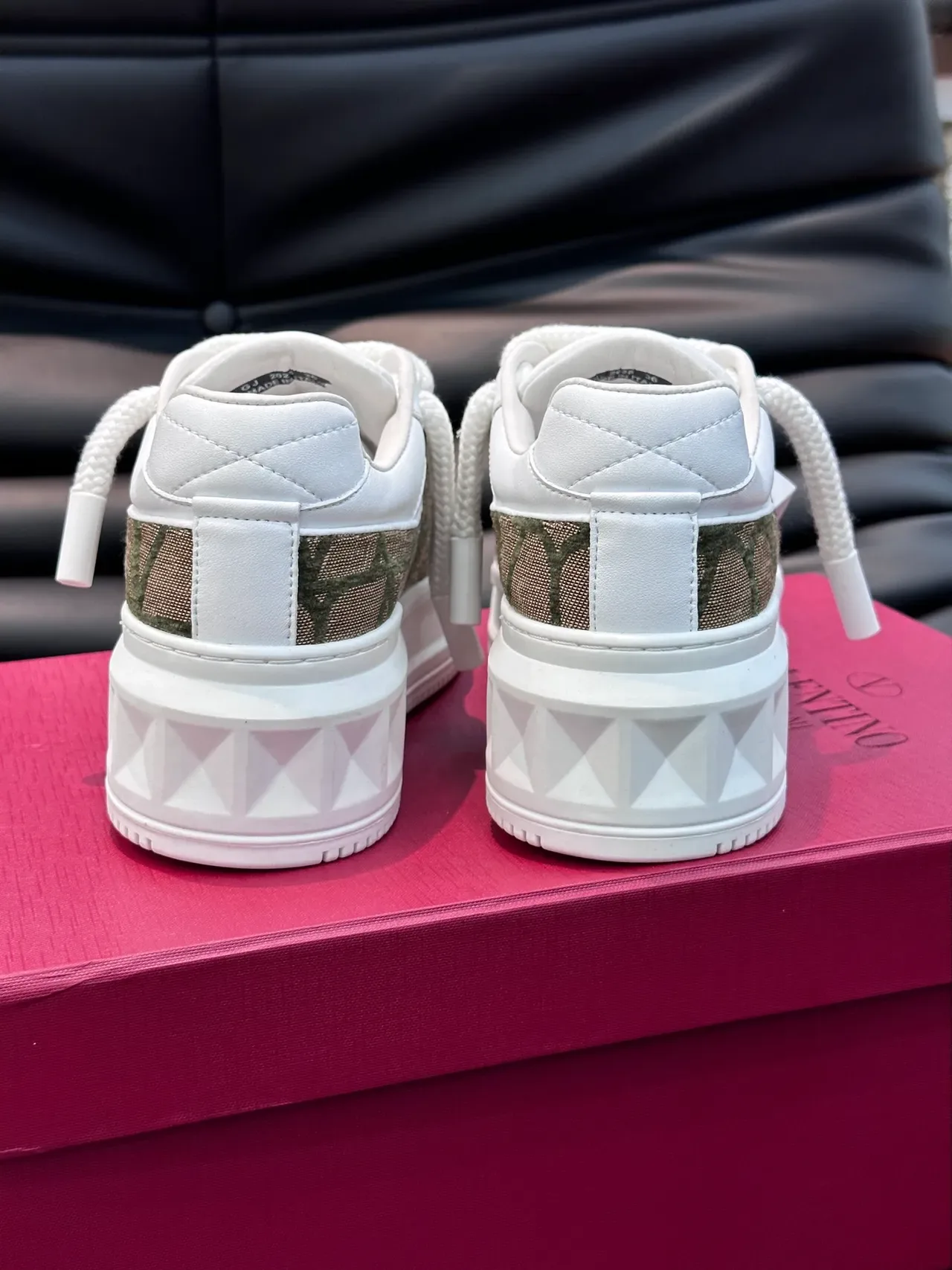 Valentino White Army Green Chunky Platform Sole Pyramid Stud Accent Lifestyle Sneakers 3