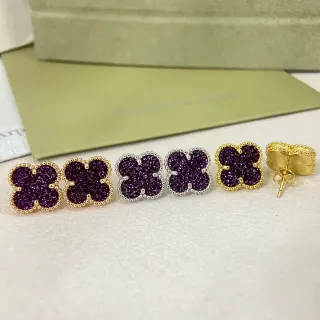 Van Cleef & Arpels Alhambra Purple Pavé Quatrefoil Stud Earrings