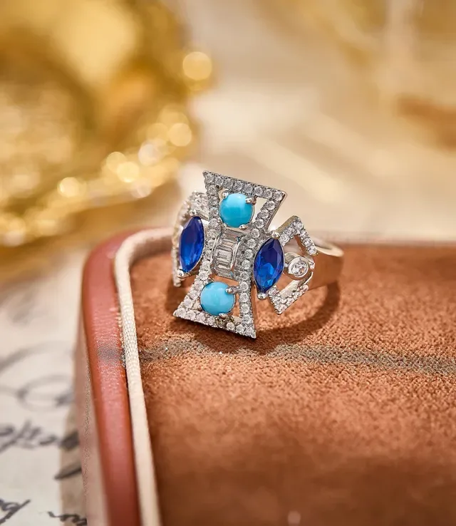 Van Cleef & Arpels Anel Geométrico de Safira e Turquesa Pavê 4