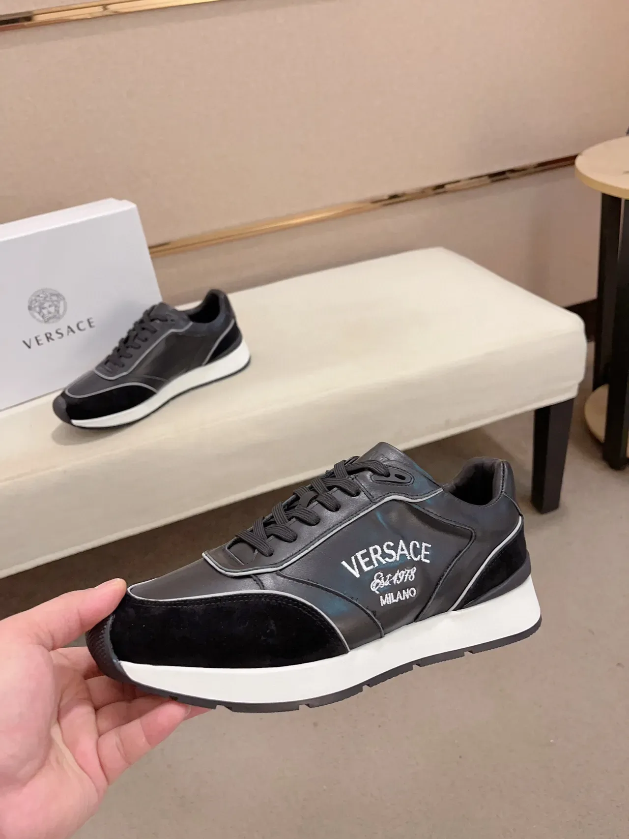 Versace Black White Mixed-Material Upper Suede And Leather Lifestyle Sneakers 2