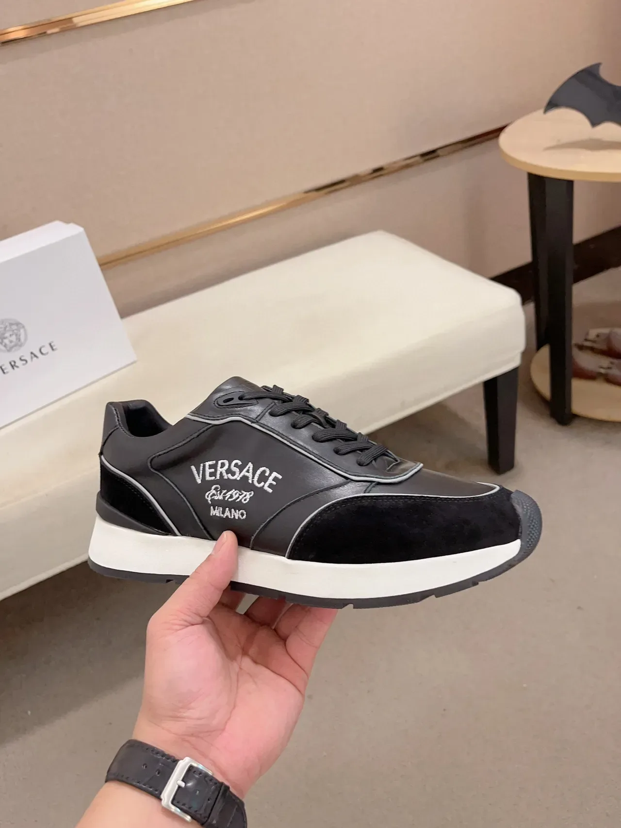 Versace Black White Mixed-Material Upper Suede And Leather Lifestyle Sneakers 3