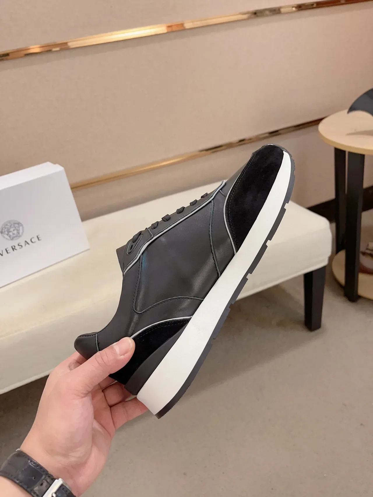 Versace Black White Mixed-Material Upper Suede And Leather Lifestyle Sneakers 4
