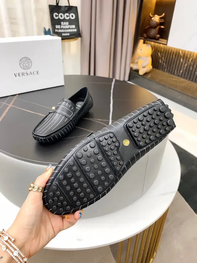 Versace Black White Pinstripe Leather Medallion-Accented Loafer 2