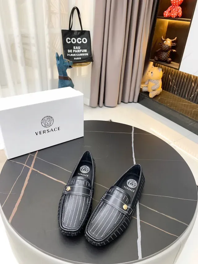 Versace Black White Pinstripe Leather Medallion-Accented Loafer 3