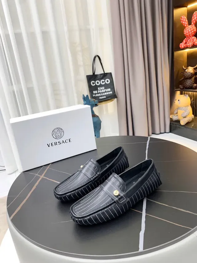 Versace Black White Pinstripe Leather Medallion-Accented Loafer 4