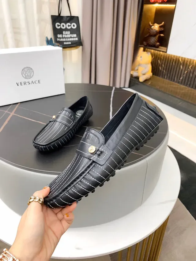 Versace Black White Pinstripe Leather Medallion-Accented Loafer 6