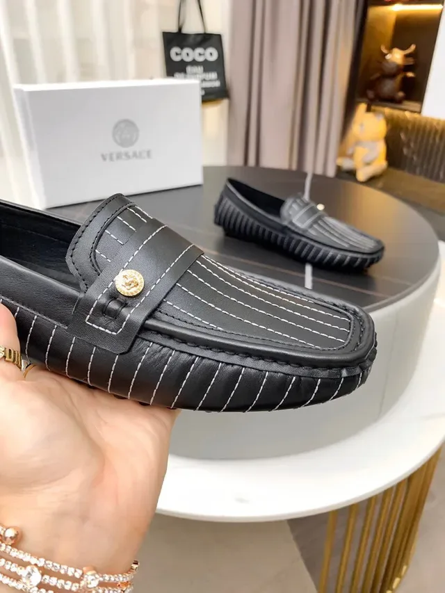 Versace Black White Pinstripe Leather Medallion-Accented Loafer 7