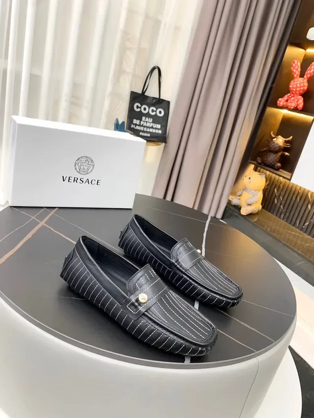 Versace Black White Pinstripe Leather Medallion-Accented Loafer 8