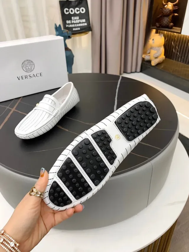 Versace Black White Pinstripe Leather Medallion-Accented Loafer 11