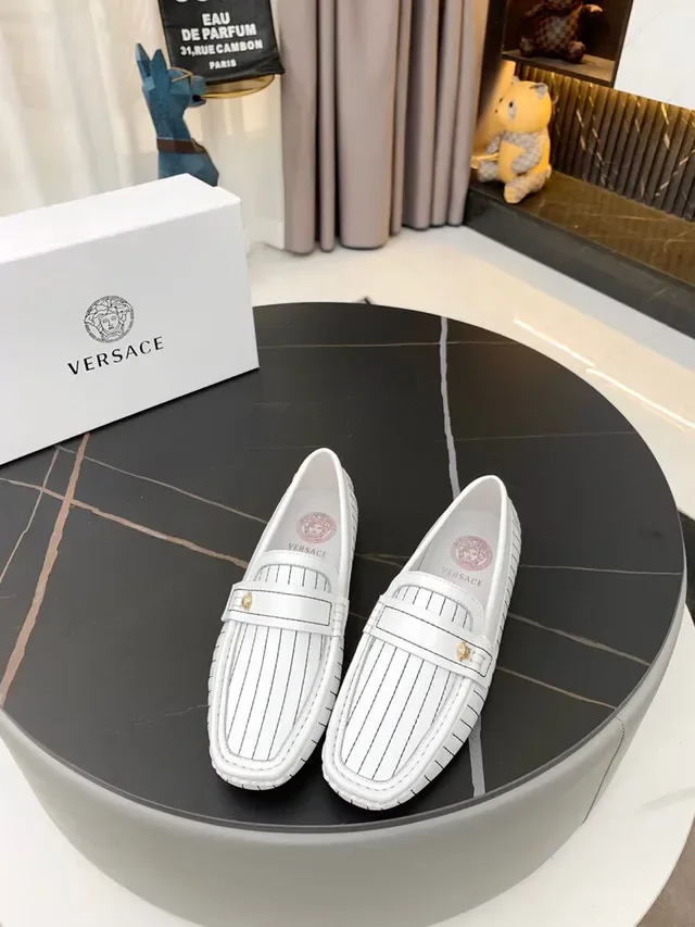 Versace Black White Pinstripe Leather Medallion-Accented Loafer 13
