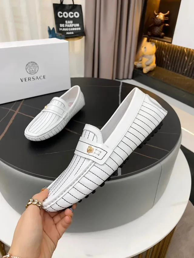 Versace Black White Pinstripe Leather Medallion-Accented Loafer 15