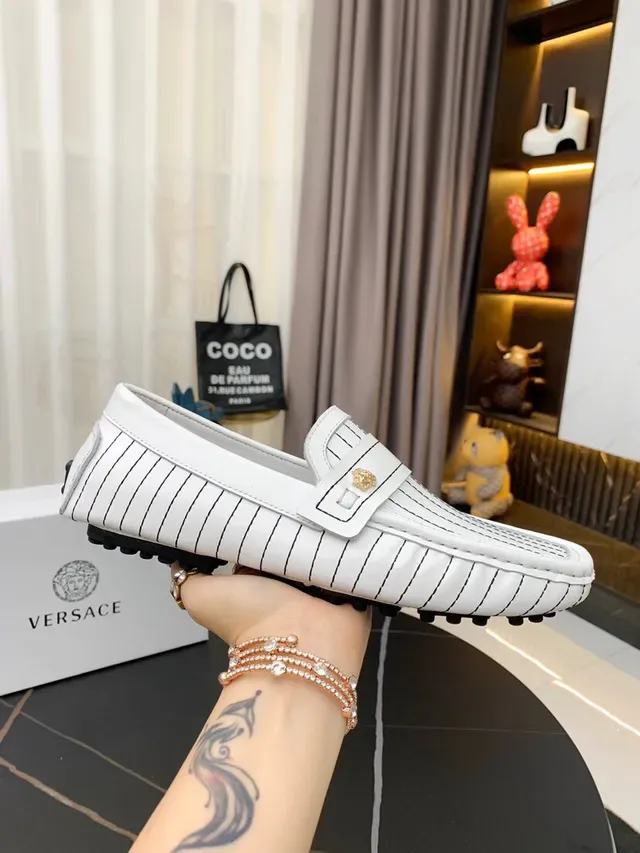Versace Black White Pinstripe Leather Medallion-Accented Loafer 18