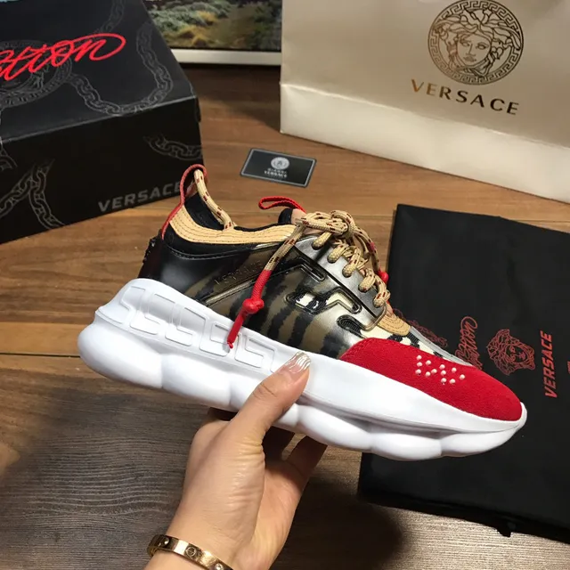 Versace Chain Reaction Red Black Beige Chunky Sneakers 4