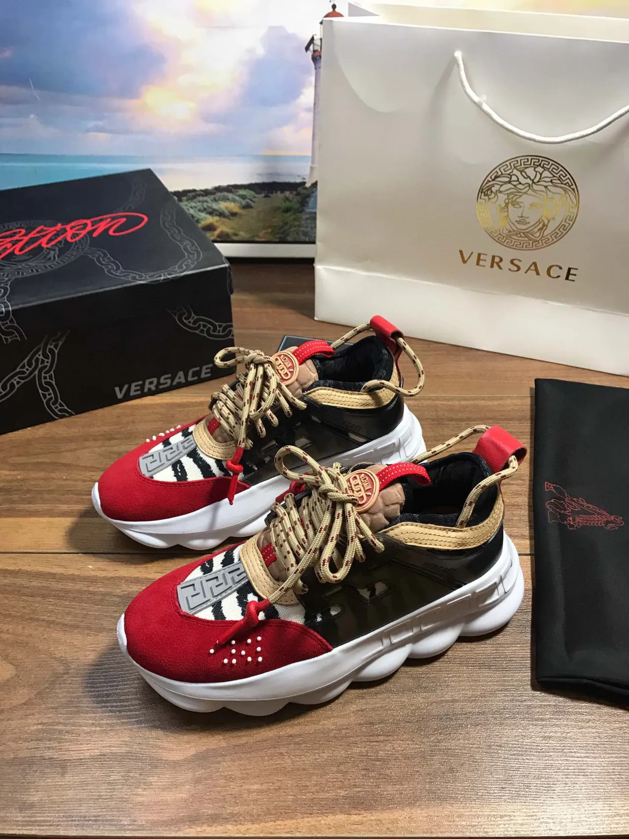 Versace Chain Reaction Red Black Beige Chunky Sneakers 8