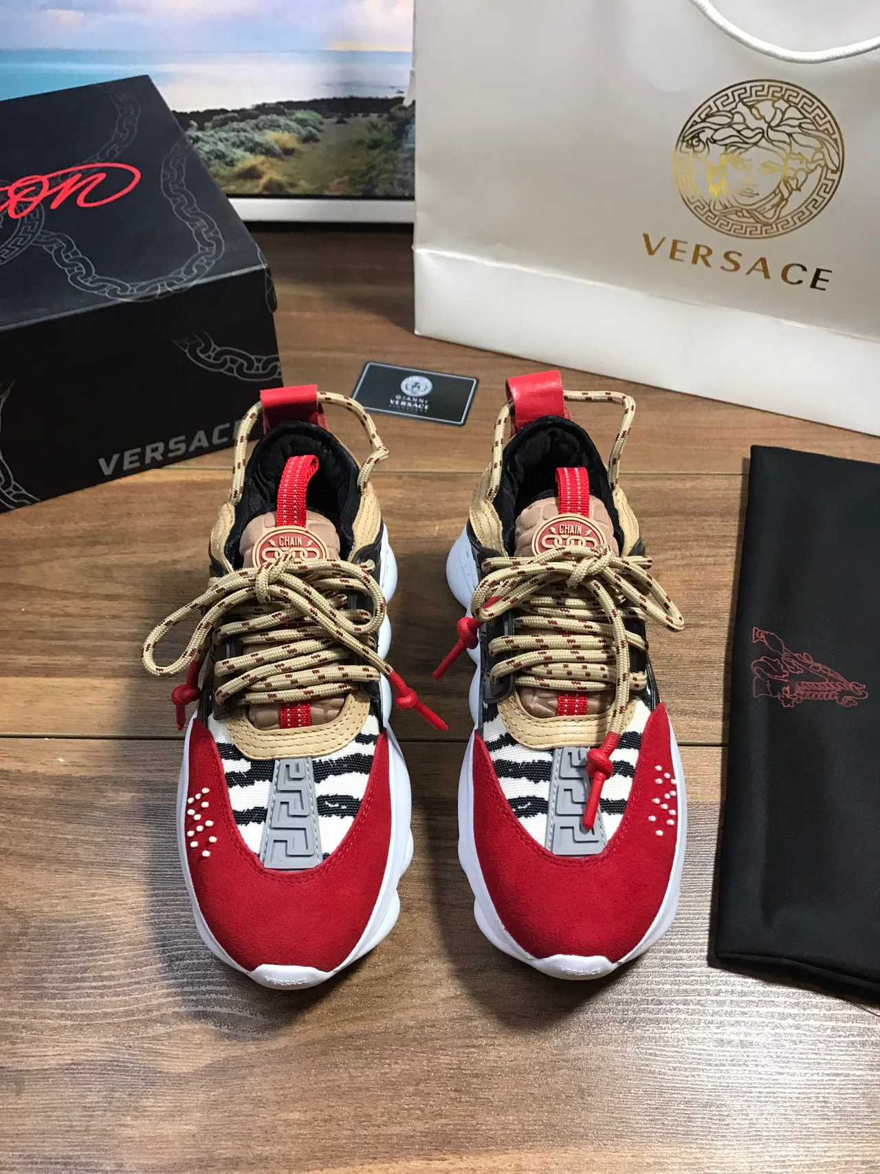 Versace Chain Reaction Red Black Beige Chunky Sneakers 9