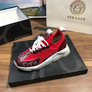 Versace Chain Reaction Tênis Chunky Vermelho Malha Pele de Serpente