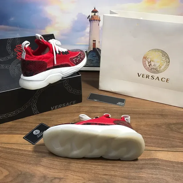 Versace Chain Reaction Red Snakeskin Mesh Chunky Sneakers 2