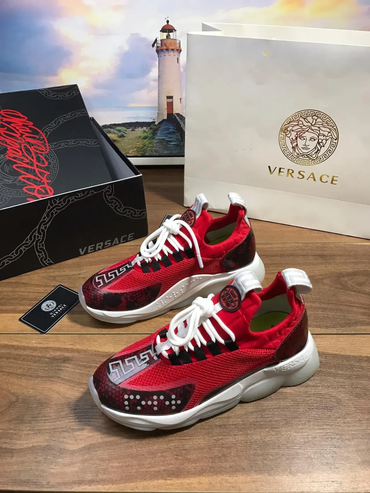 Versace Chain Reaction Red Snakeskin Mesh Chunky Sneakers 7