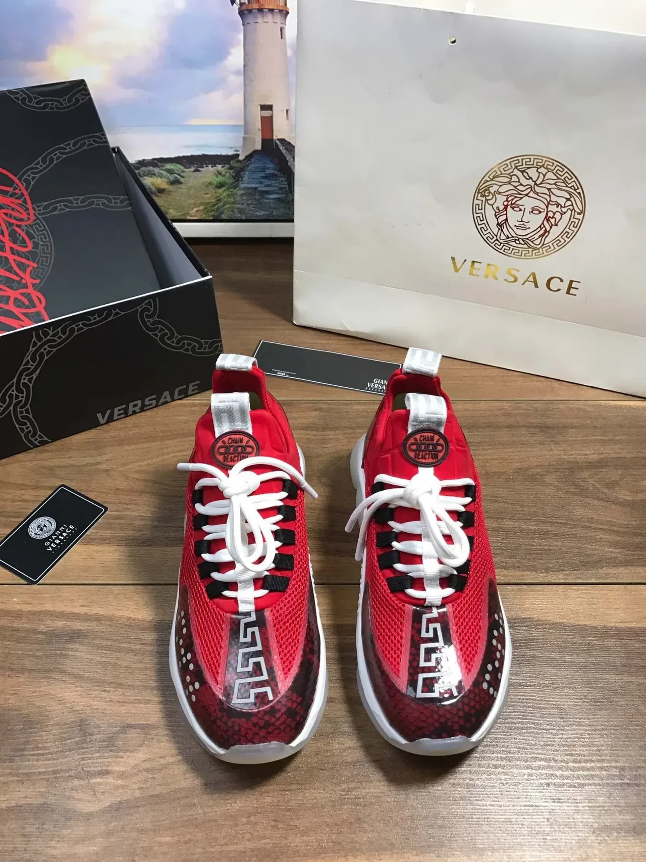 Versace Chain Reaction Red Snakeskin Mesh Chunky Sneakers 9