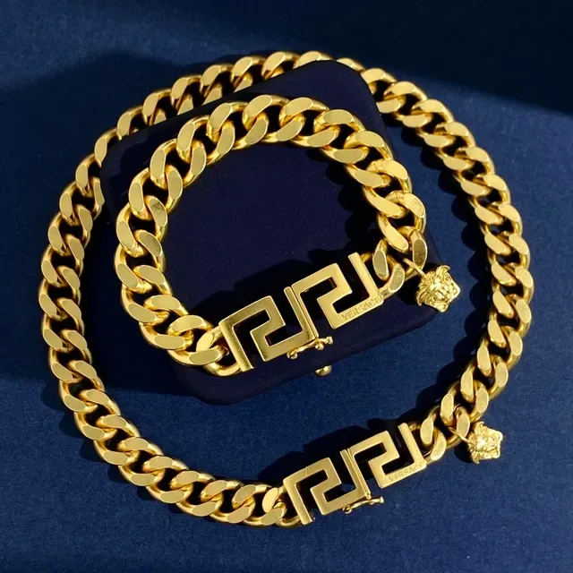 Versace Gold Navy Curb-Link Chain Greca Key Clasp Bracelet 2
