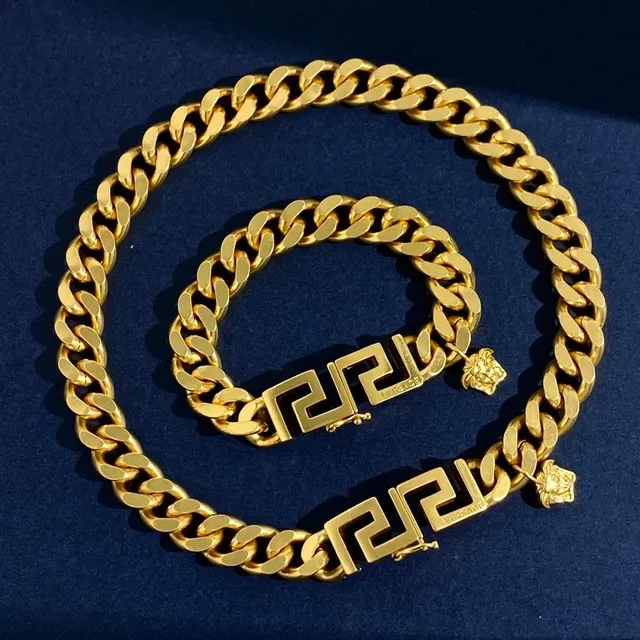 Versace Gold Navy Curb-Link Chain Greca Key Clasp Bracelet 3