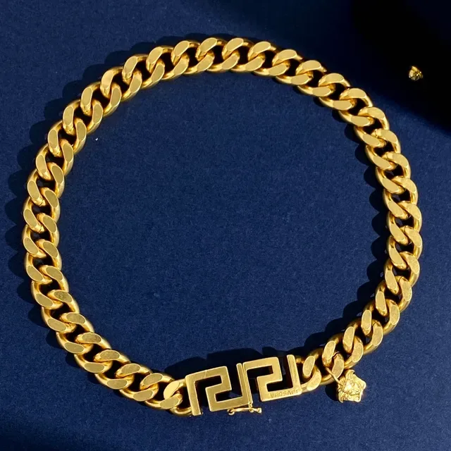 Versace Gold Navy Curb-Link Chain Greca Key Clasp Bracelet 4