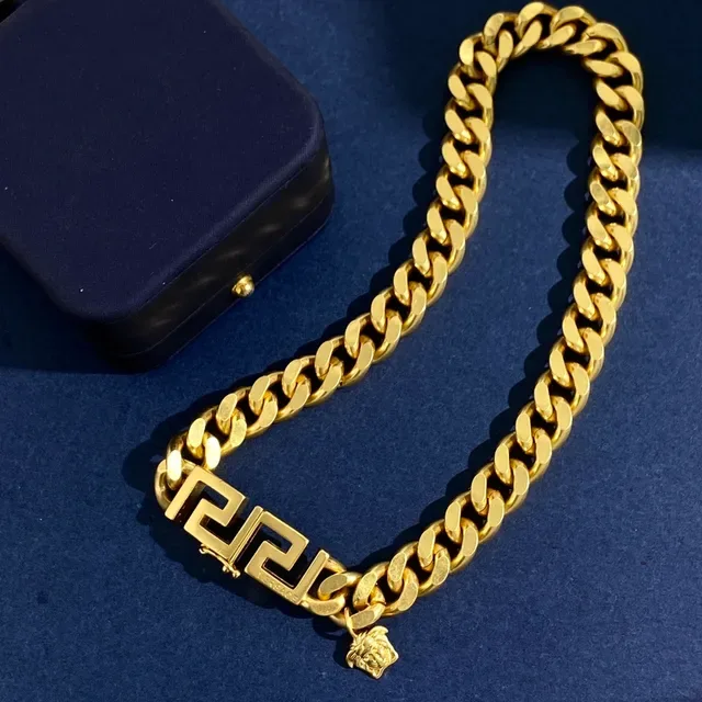 Versace Gold Navy Curb-Link Chain Greca Key Clasp Bracelet 5