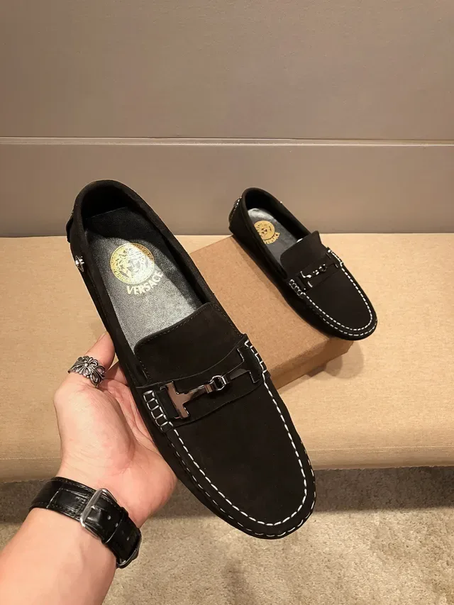 Versace Loafer Black White Suede Upper Contrast Stitching Loafer 7