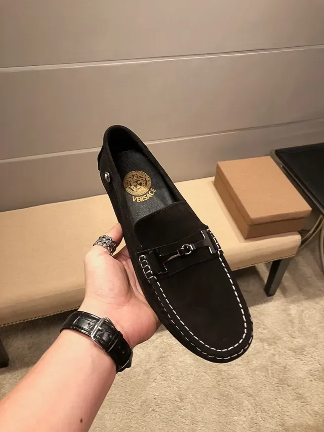 Versace Loafer Black White Suede Upper Contrast Stitching Loafer 9
