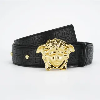 Versace मेडूसा बेल्ट काला गोल्ड हेड बकल ग्रेका-एम्बॉस्ड लेदर बेल्ट
