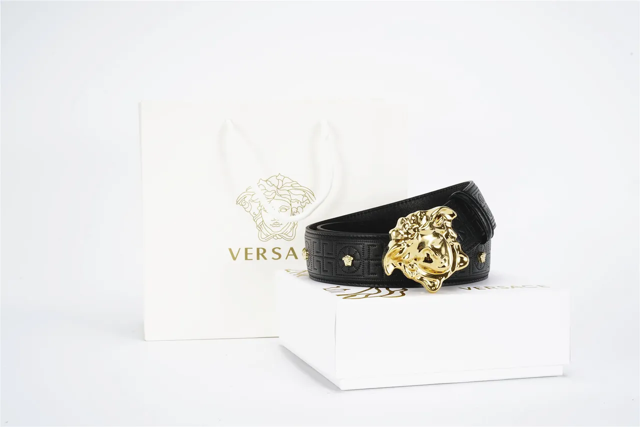 حزام Versace ميدوزا أسود ذهبي رأس مشبك يوناني-منقوش جلد حزام 4