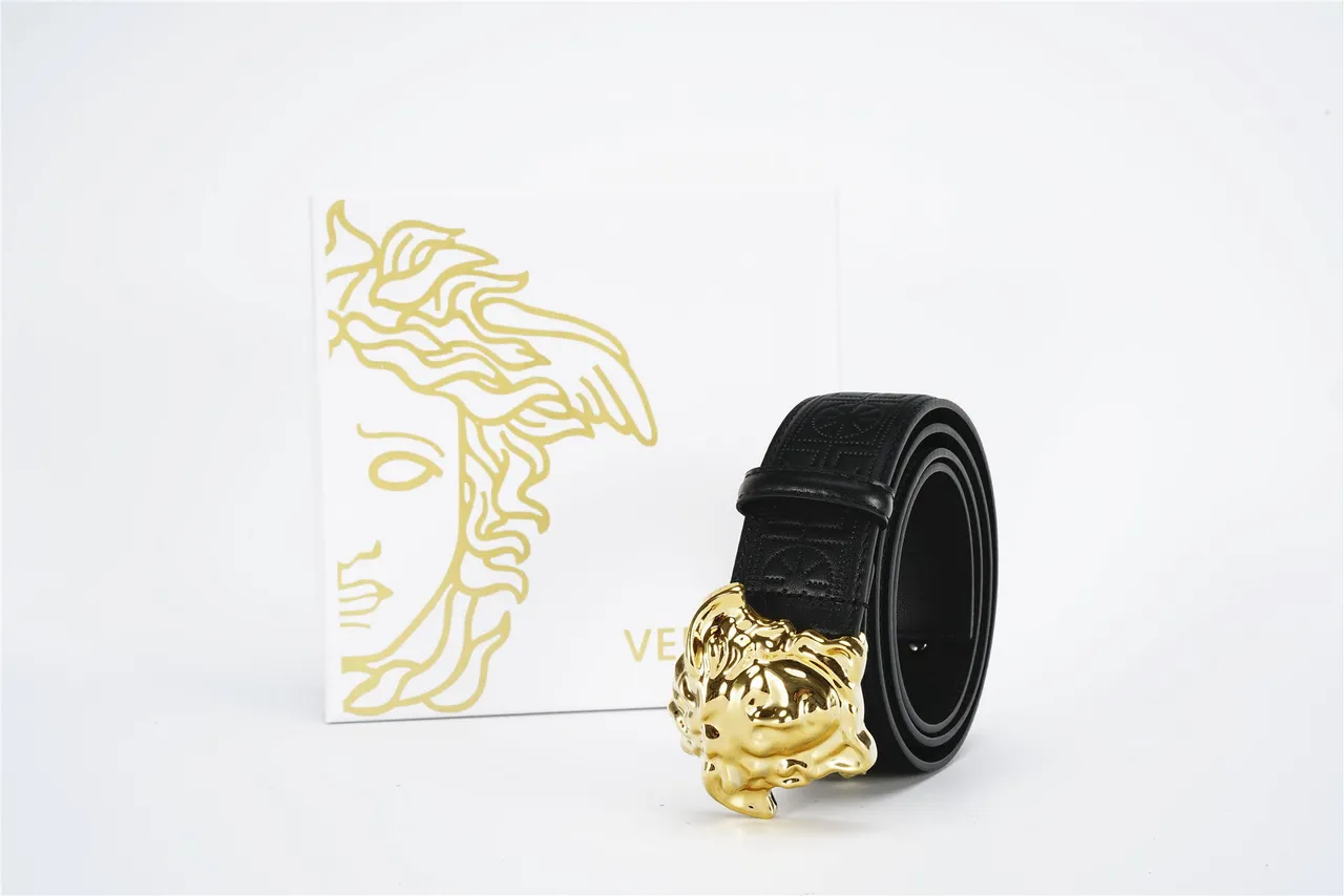 حزام Versace ميدوزا أسود ذهبي رأس مشبك يوناني-منقوش جلد حزام 5
