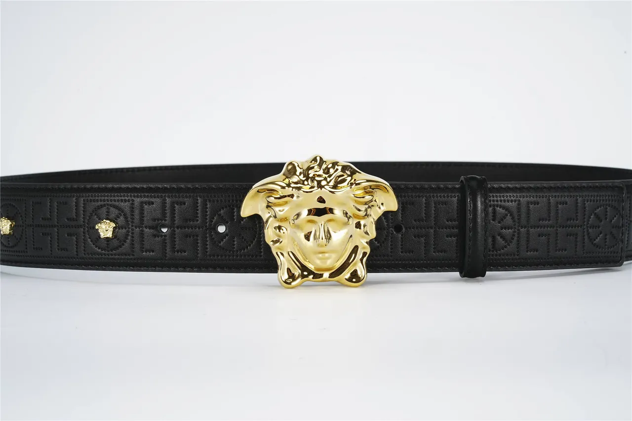 حزام Versace ميدوزا أسود ذهبي رأس مشبك يوناني-منقوش جلد حزام 9