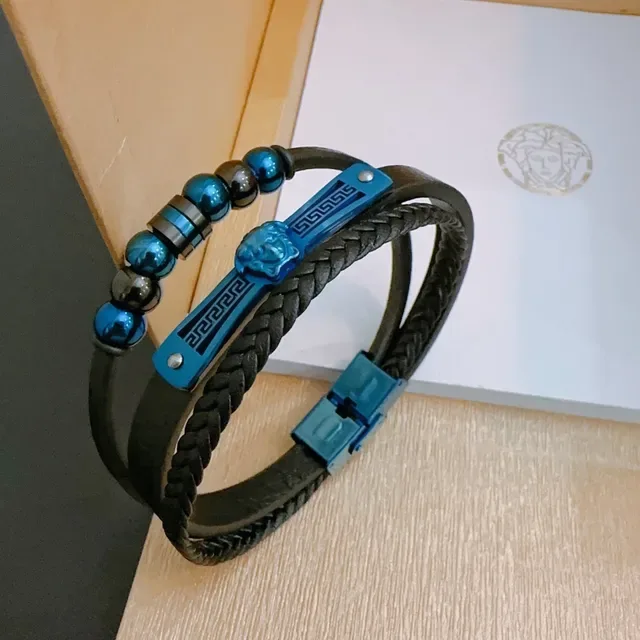 Versace Medusa Greca bracelets en cuir tressé bleu et noir 6
