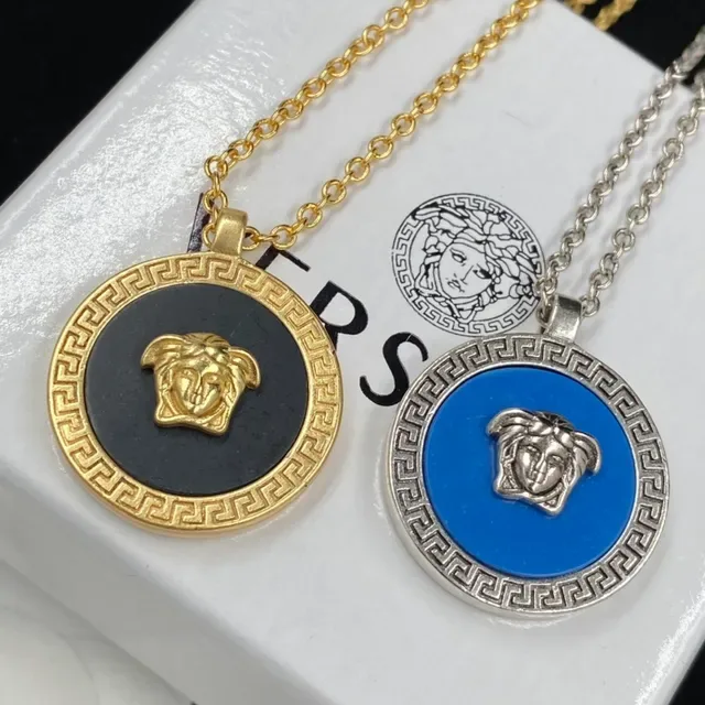 Collier Versace Medusa Medallion Bleu Argent Circulaire Pendentif Tête 2