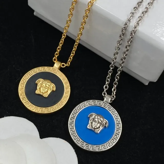 Collier Versace Medusa Medallion Bleu Argent Circulaire Pendentif Tête 4