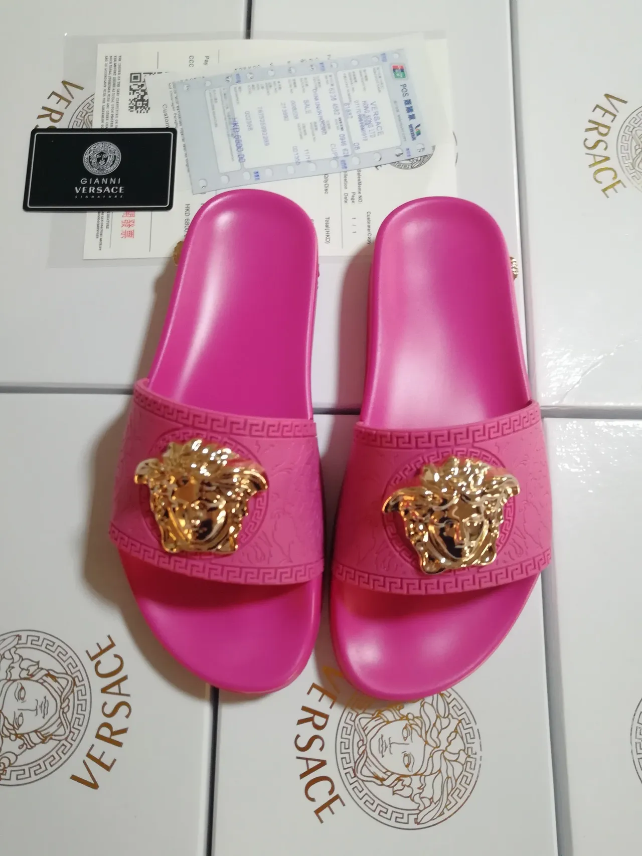 Versace Medusa Slide Rosa Dourado Adorno de cabeça Padrão de Borda Greca Chinelos 5