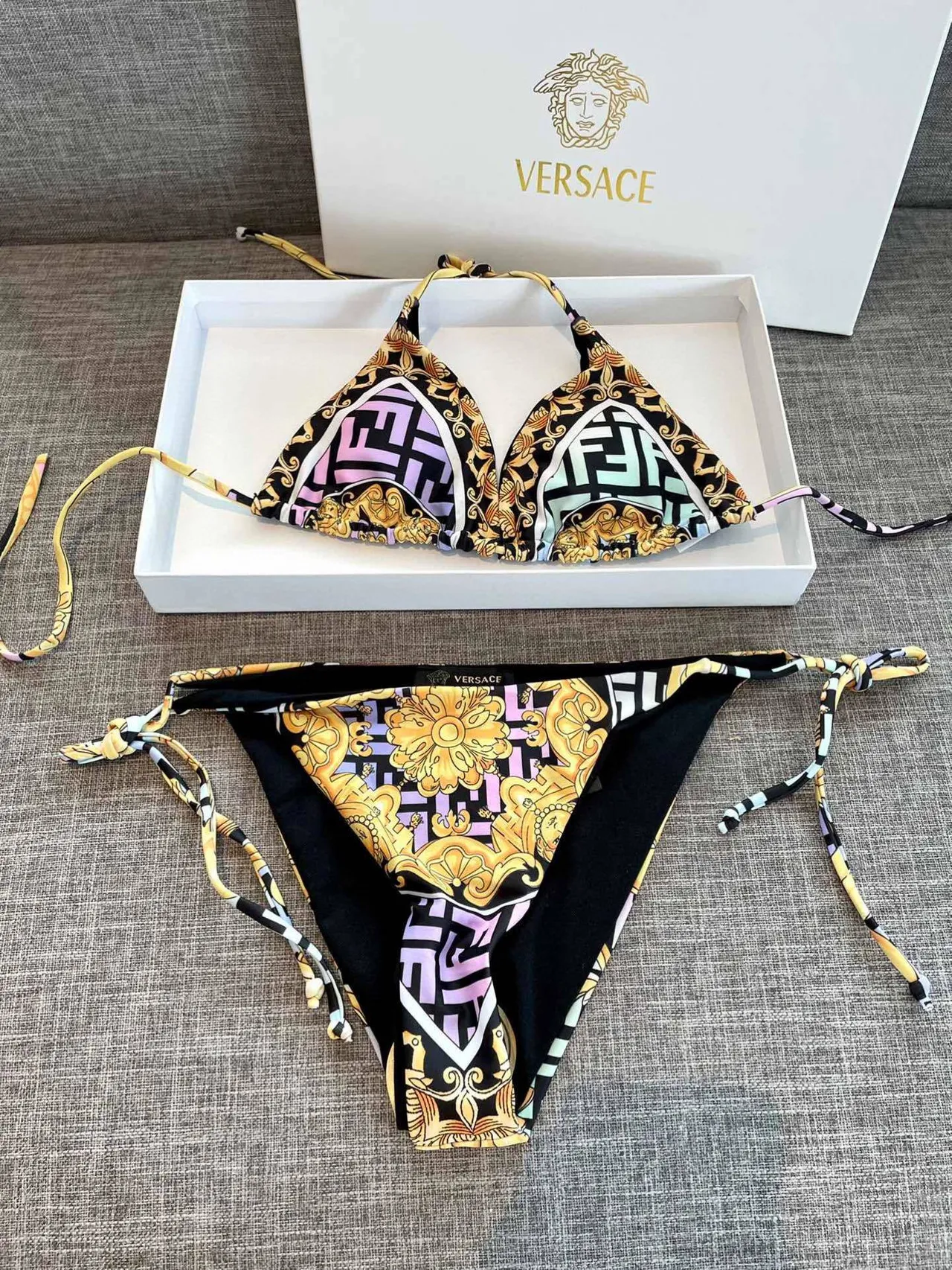 Versace Multicolor Gold Halter Triangle Top Side-Tie Bottoms Swimwear 4