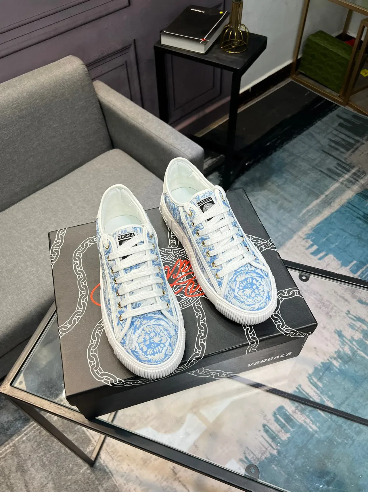 Versace Odissea Baroque Jacquard Bleu Blanc Sneakers Lifestyle 4