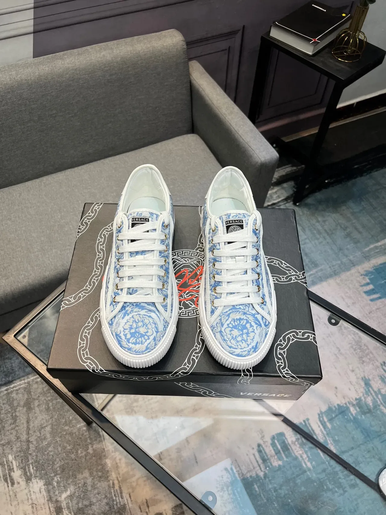 Versace Odissea Baroque Jacquard Bleu Blanc Sneakers Lifestyle 7